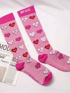 Figs Heart Pattern Pink Compression Socks Size M